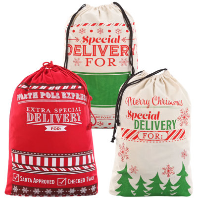 3 Pcs Present Bags, Santa Burlap Sack with Drawstring 26" x 19" for Large Xmas Package Storage,Christmas Large Gift Bags