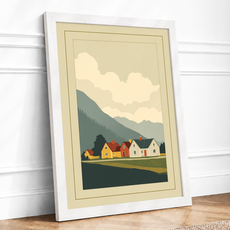 Houses and Mountains Scandinavian - Framed Print, A3 - 42.0 x 29.7 cm, White