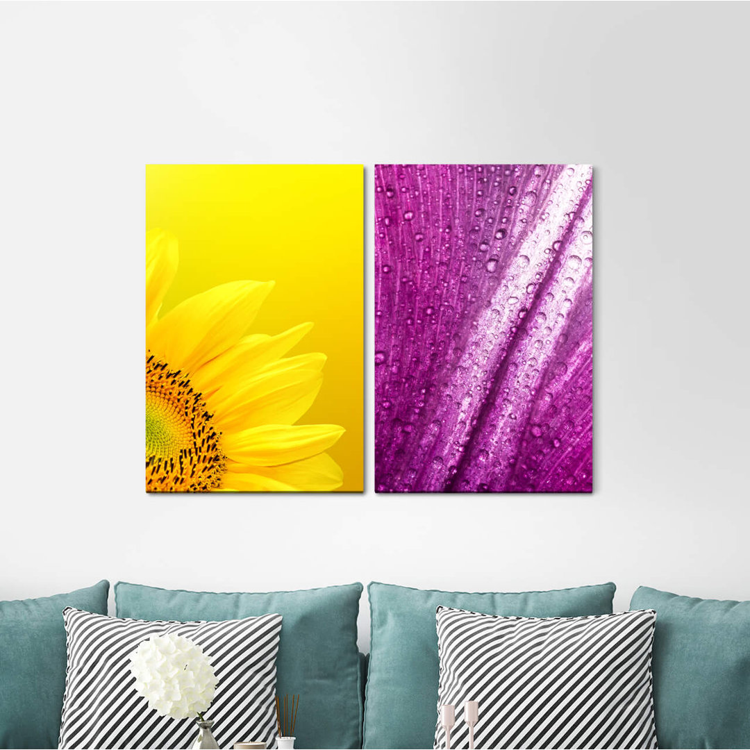 2-tlg. Leinwandbilder-Set - Fotografie „Sunflower Yellow Water Drops Drops Vinyl Flowers”