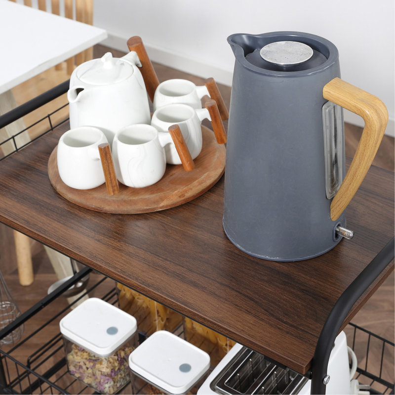 Walnut 3 Tier Kitchen Cart With 2 Sliding & Side Hooks, Compact For Efficient Storage Island Adaptable Various Room Settings