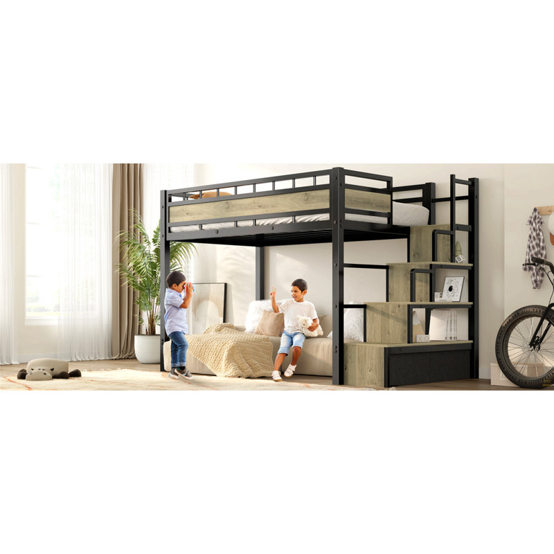 Lit mezzanine bas simple, avec escalier et garde-corps, lourd