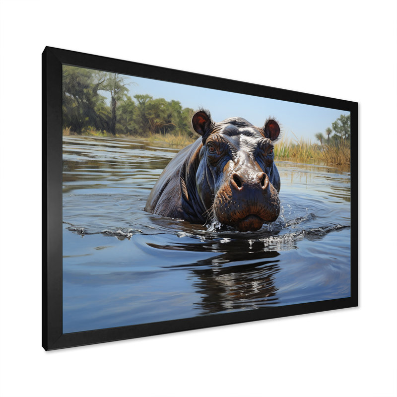 Hippopotames gris, berge, rêveries 2 - art mural hippopotame, Cadre d'angle fermé noir, H 24 po x l 32 po x P 1 po