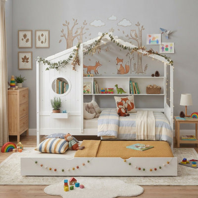 White Wooden Full Size House Bed With Trundle And Storage Shelves - Modern And Whimsical Design For Kids' Bedroom
