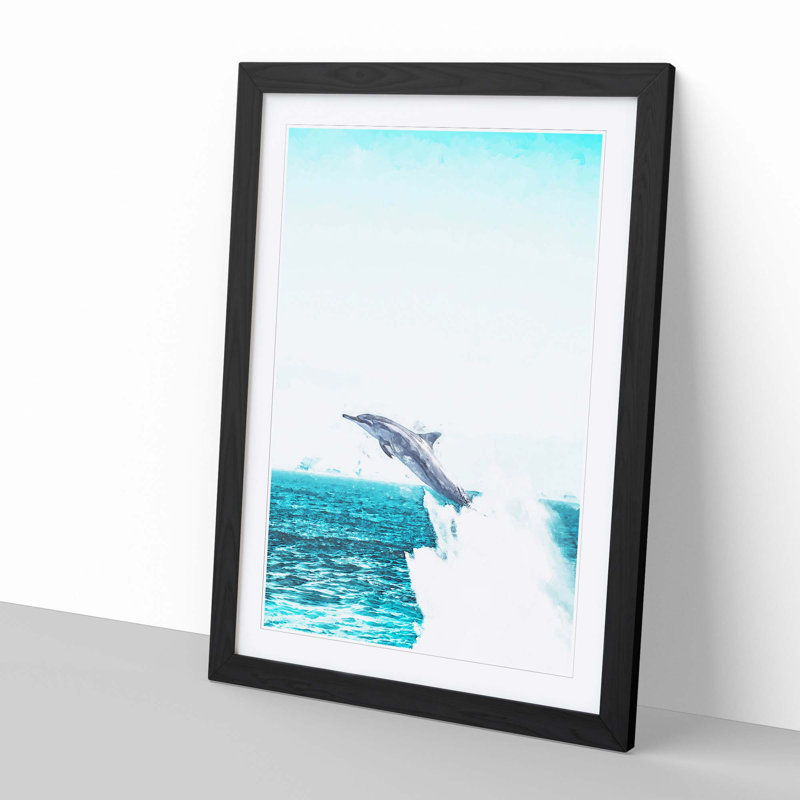 Jumping Dolphin Abstract Art - Framed Print, 76cm H x 50cm W x 2cm D, Black