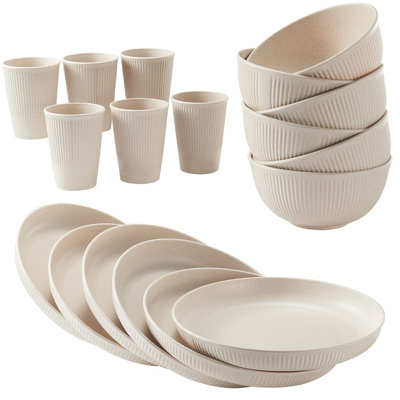 18PCS Wheat Straw Dinnerware Sets Unbreakable Reusable Dinnerware Set For 6, Microwave Dishwasher Safe Dinnerware For Outdoor Camping Dishes