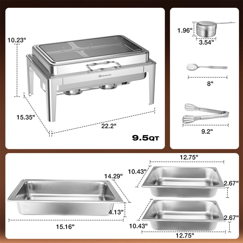 Ensemble de 9,5 pintes de réchaud rectangulaire pour buffet avec couvercle en verre, 2 réchauds en acier inoxydable et 2 chauffe-buffets