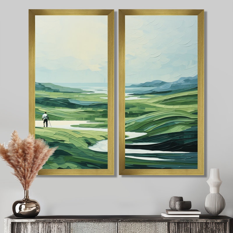 Golf Harmonious Drives - Golf, reproduction d'art sur toile, ensemble de 2 décorations vertes, Reproduction encadrée, Doré