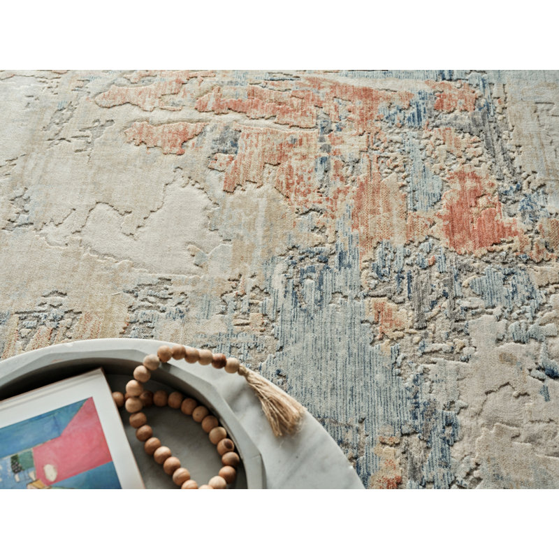 Infinity Power Loomed Wool/Nylon Abstract Area Rug in Ivory/Blue/Terracotta, Rectangle 10' x 14'