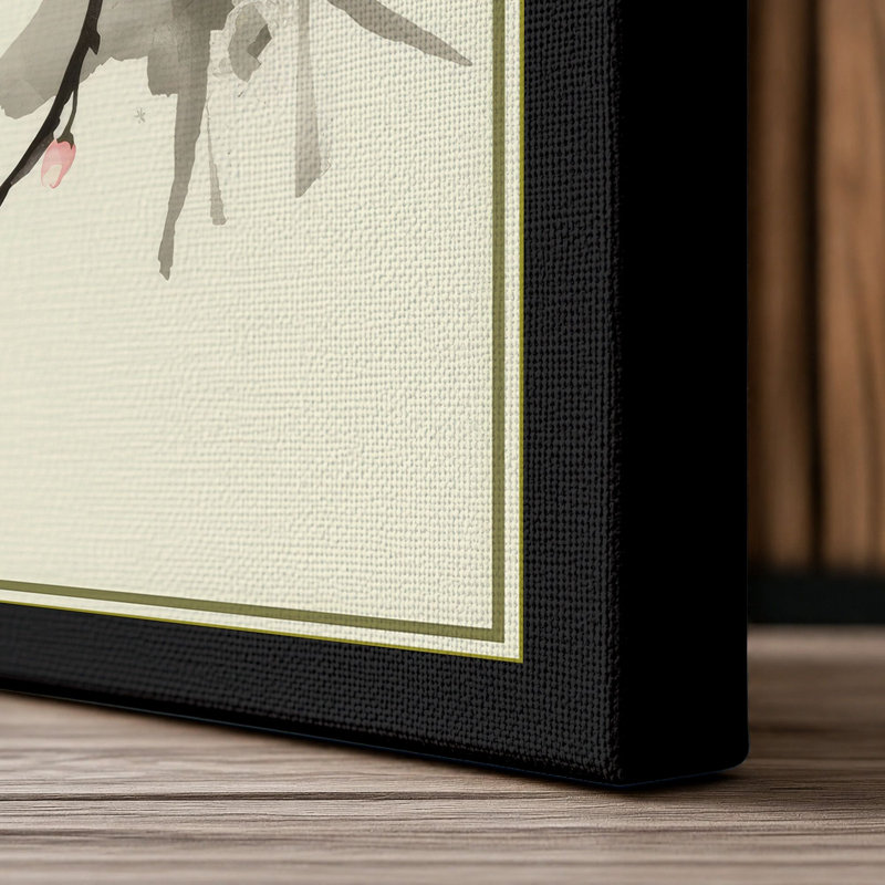 Blossoming Branch with Bird Japandi - Wrapped Canvas, 30x20 - 76.2 x 50.8 cm, Black Border