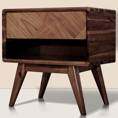 Laden Solid Acacia Wood Nightstand, Bedside Table With Drawer & Open Shelf, Mid-Century Art Deco End Table, Scratch & Water-Resistant by George Oliver
