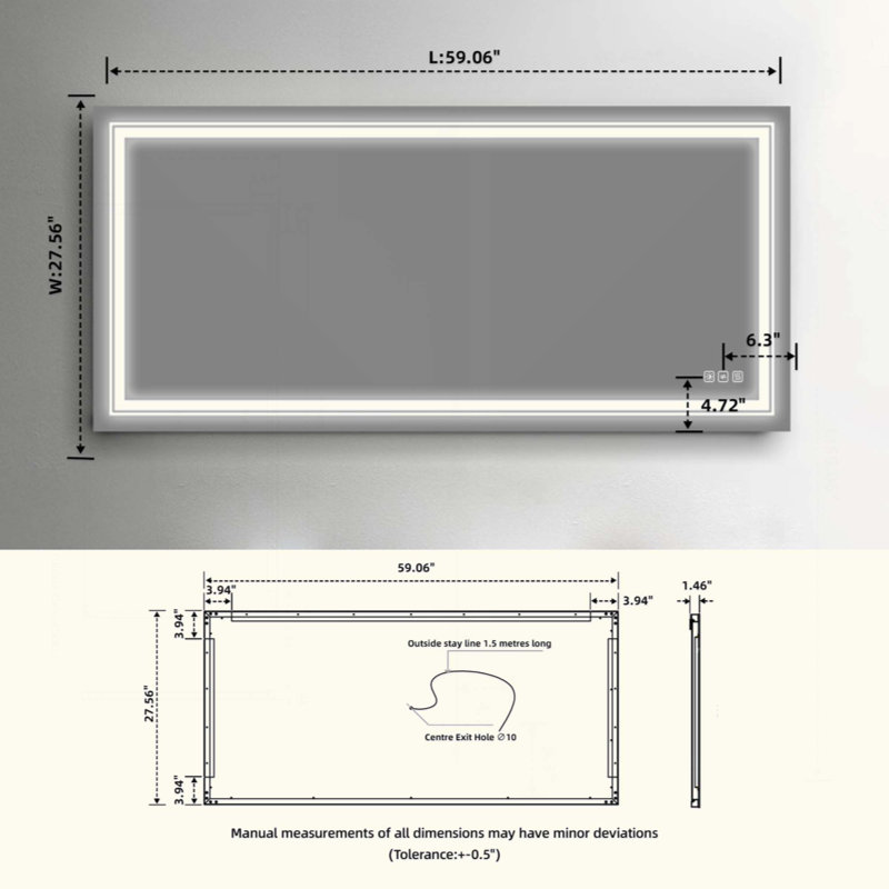 Miroir de salle de bain anti-buée avec bouton