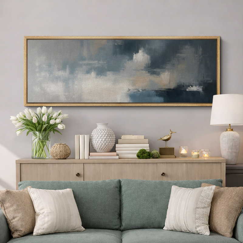 «Blue and Gray Abstract Landscape», grande impression sur toile encadrée pour un décor moderne, H 20 po x l 60 po, Naturel