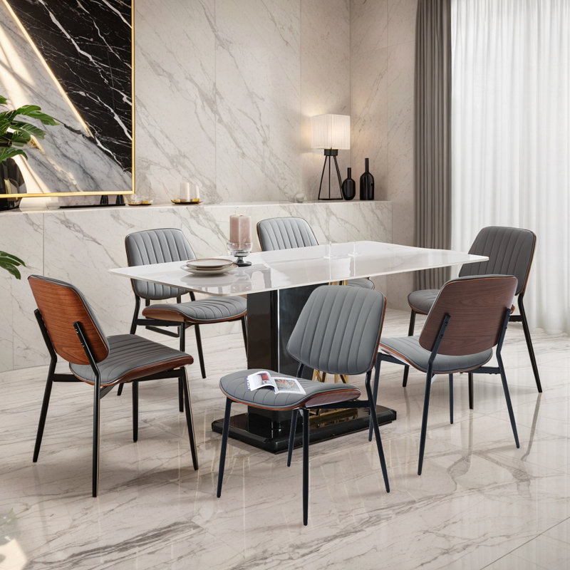 Leather Upholstered Vertical Metal Stripe Dining Chairs (Set of 6), Gray