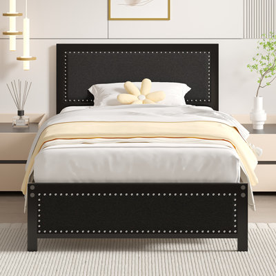 Genard Bed Frame Linen Upholstered Headboard with Nailhead Trim Heavy-Duty Twin Size Platform with Strong Metal Slats, No Box Spring Needed, Under Bed Storage