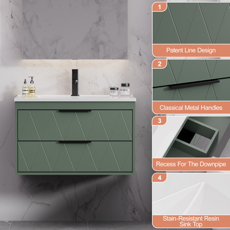 Ciarra Sharee 30" Wall Mount Single Bathroom Vanity Set with Sink Top, Zinc Alloy Faucet, Soft-Close Drawers, Green