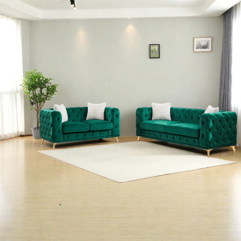 Ensemble de canapés à compression, salon en velours vert avec cadre en bois