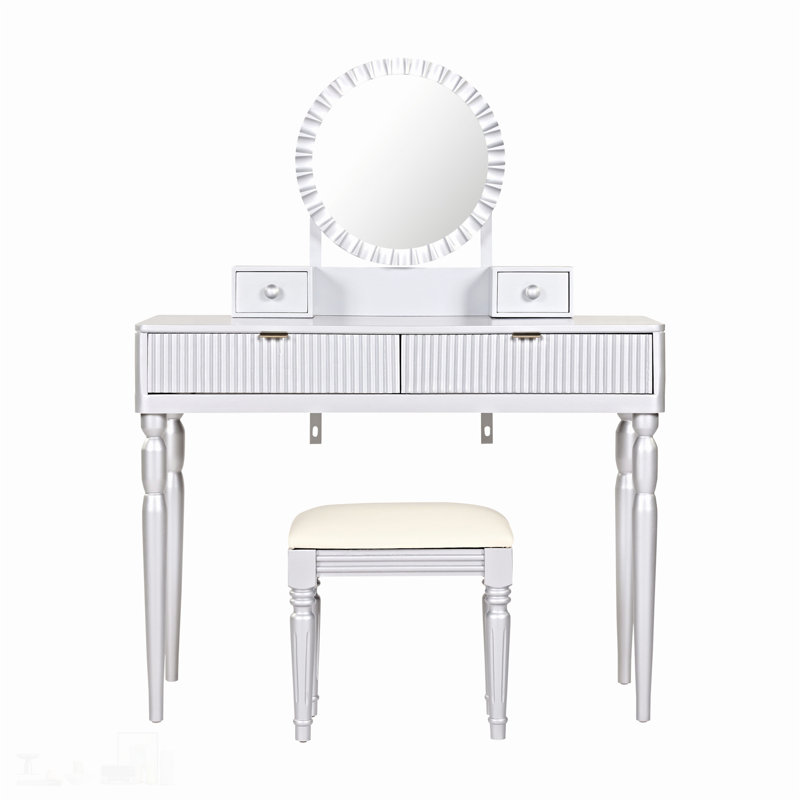 Luxury Vanity Desk with Round Mirror, Height-Adjustable, Stylish Dressing Table Set, 4 Drawers & Stool, Silver, Silver