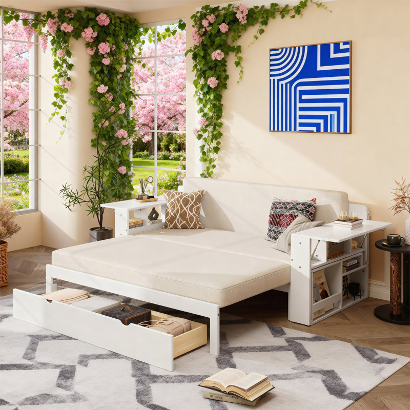 Grand lit de jour avec bureau amovible, Blanc, Grand lit
