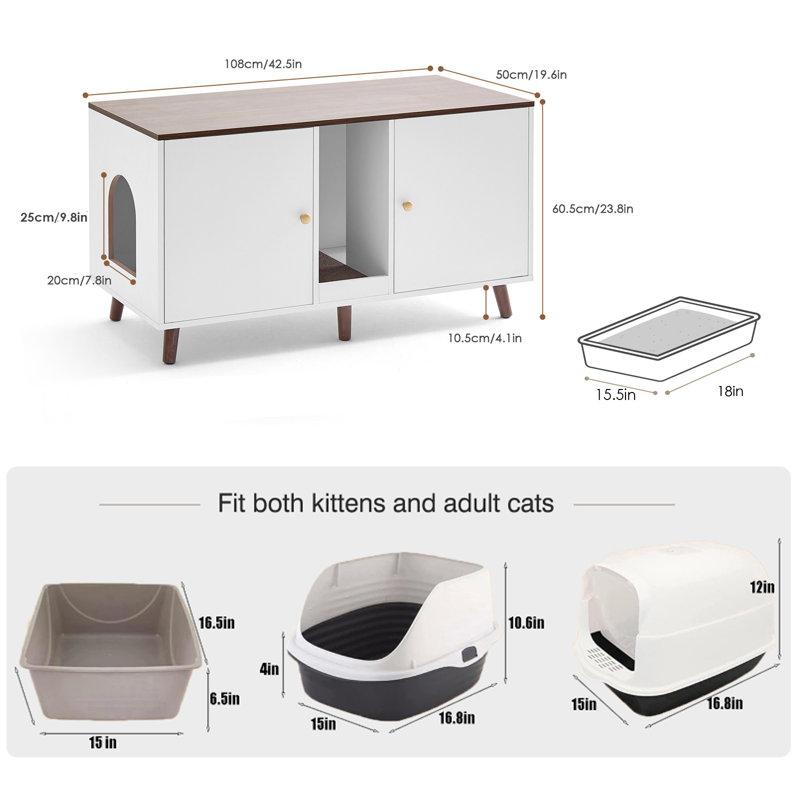 Enceinte de litière double en bois manufacturé avec coussin à griffer Corvese, Blanc / Noyer
