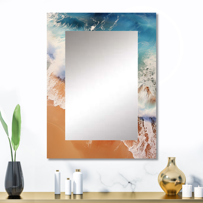 Vue aérienne de Rocky beach III - miroir décoratif de plage, grand miroir mural bleu, impression d'art en métal