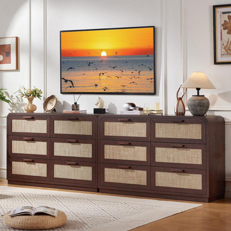 Commode 6 tiroirs en rotin avec poignées en bois massif, 5 po de profondeur et anti-basculement, Noyer