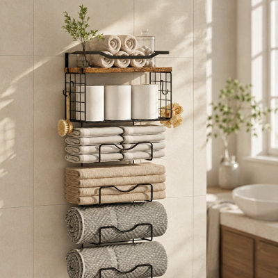 Bathroom Wall Storage Rack, 4-Tier Wall Mounted Organizer with Wood Top Shelf and Metal Frame, Space Saving Towel & Toilet Paper Holder, 22" H x 13" W x 6" D, for Bathroom