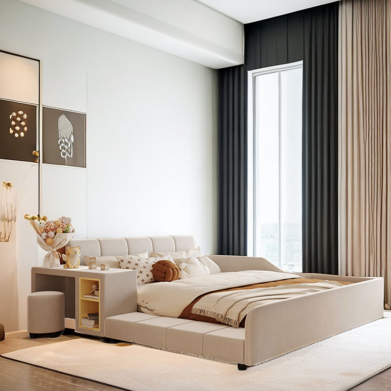 Xannon Upholstered Grounded Bed with Bedside Desk and Little Round Stool, Beige