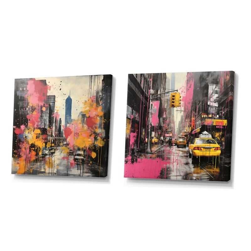 Jaune et rose Pittsburgh City I - ensemble d'art mural sur toile Pittsburgh 2, Toile tendue, H 30 po x l 61 po x P 1 po