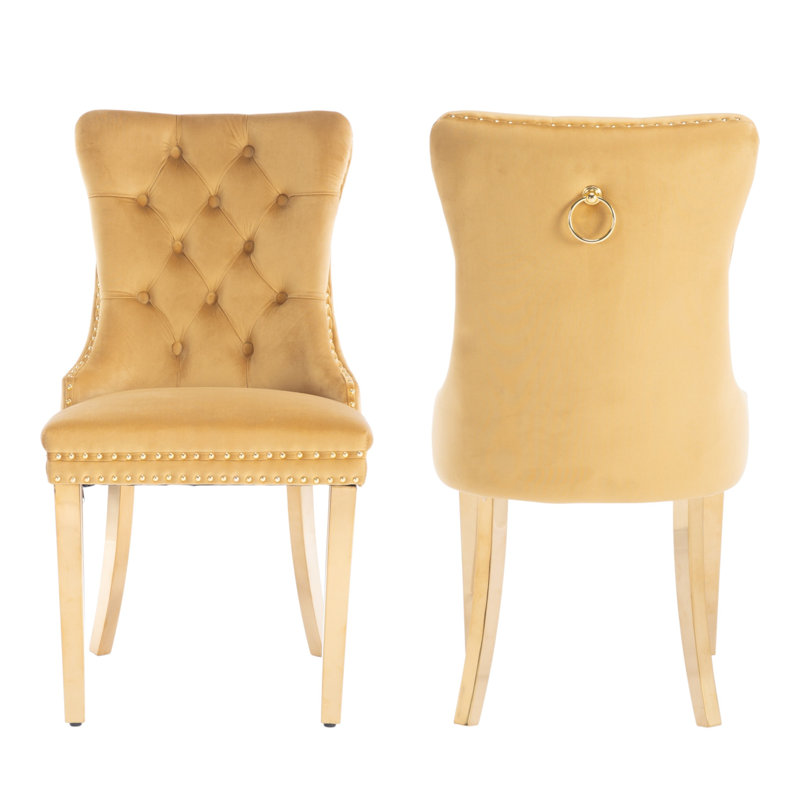 Tufted Velvet Wing Back Side Dining Chairs, Gold, Mirror Gold