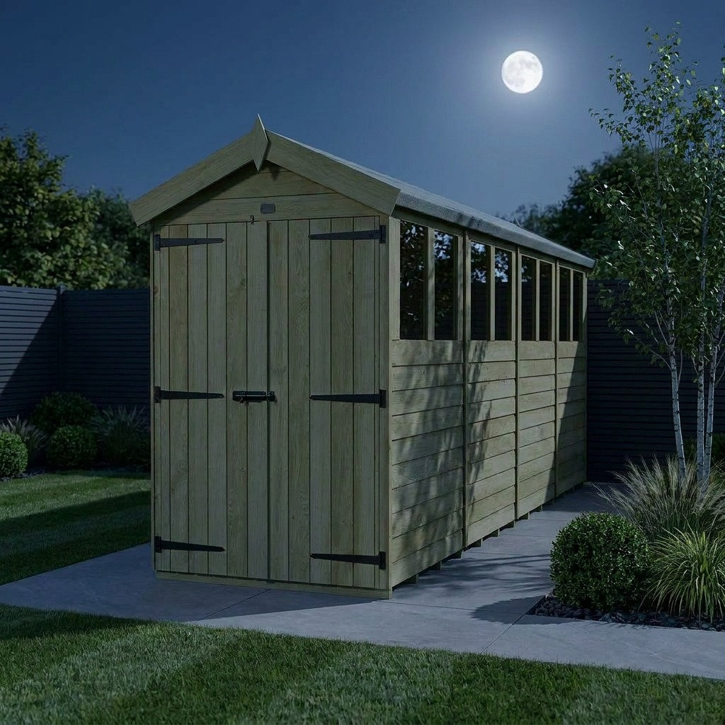 Total Sheds 4ft x 16ft Apex Garden Shed - Double Door - With Windows - Pressure Treated Timber - UK Manufactured