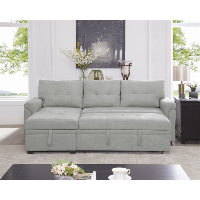 Fanechka Modern Velvet L-Shaped Sectional Sleeper Sofa Bed – Reversible Pull Out Couch with Storage, Gray Velvet