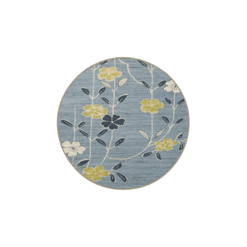 Blue Floral Leafy Washable Cotton Multicolored Decorative Carpet, Rectangle 4' x 5'11"