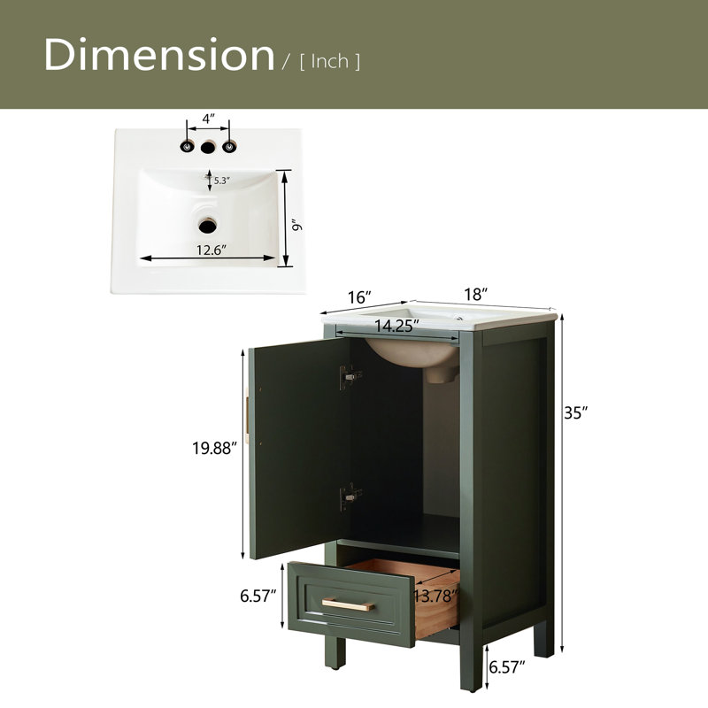 Meuble-lavabo simple autoportant de 18 po avec plateau entièrement assemblé, Vert