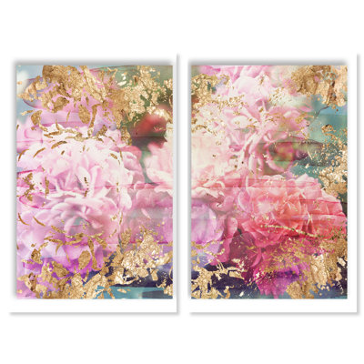 Rose Rhapsody Diptych, Paint Floral Petals Glam Pink Canvas Wall Art Set Graphic Art for Living Room
