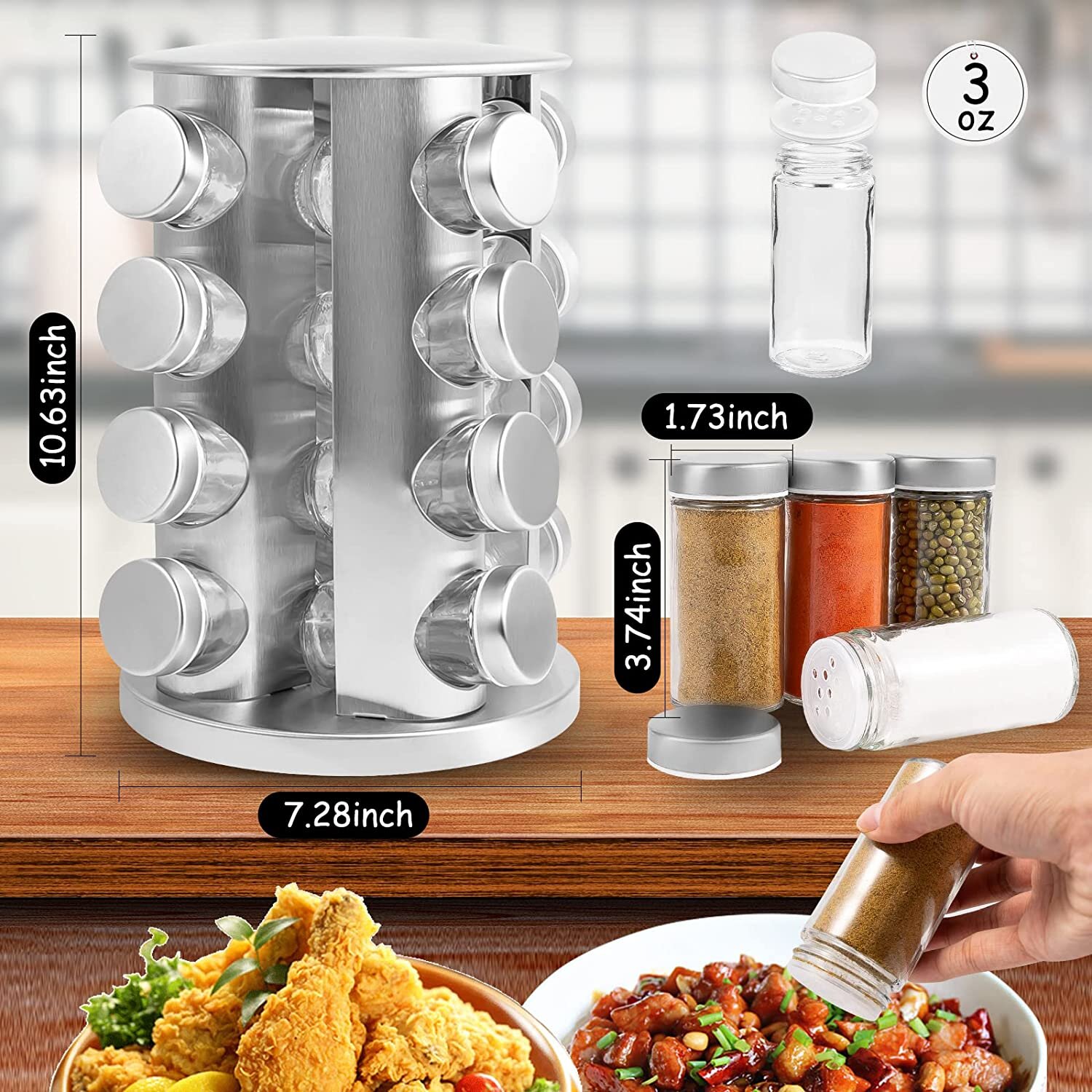 Prep Savour Rotating Spice Rack With 16 Jars Revolving Spice Rack