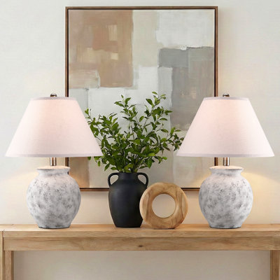 21'' Hand-Finished Ceramic Table Lamp, Distressed Gray Base, White Empire Shade, Soft Ambient Lighting for Bedroom Living Room Nightstand Kitchen Counter