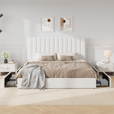 Velvet Bed Frame With Adjustable Headboard And Large Drawers