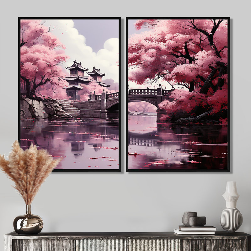 Art japonais, fleur de cerisier rose, grand art mural, Black, 36" H x 48" W, Impression encadrée flottante