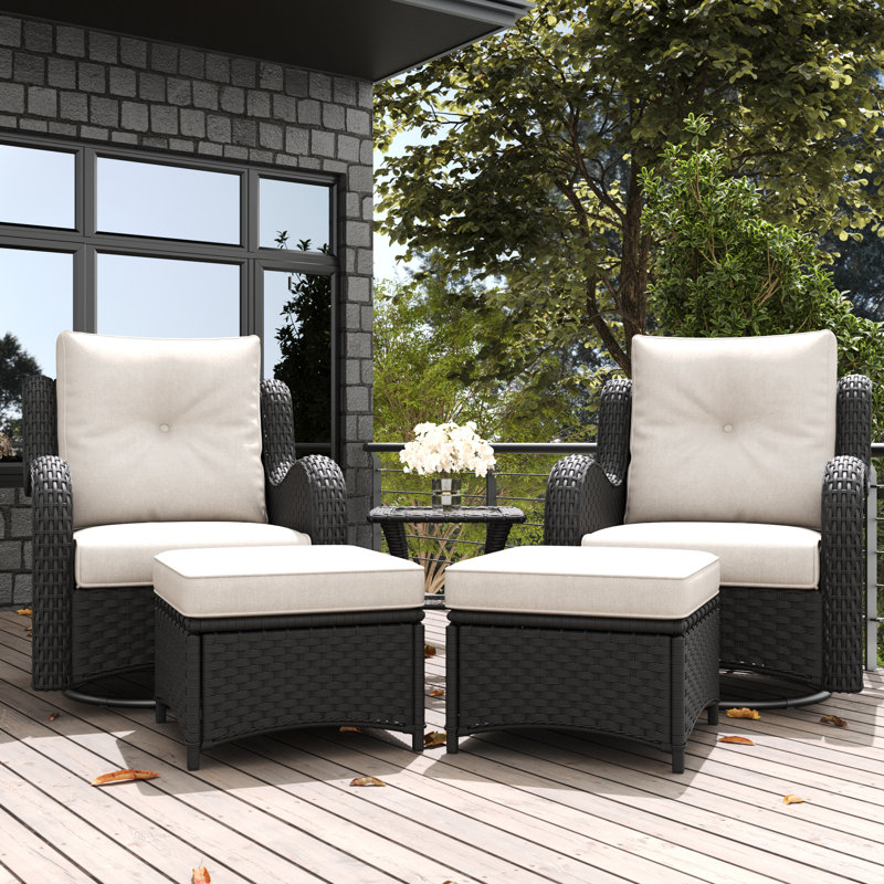 LayinSun 5 Piece Outdoor Wicker Swivel Chair With Ottoman, Beige, Black