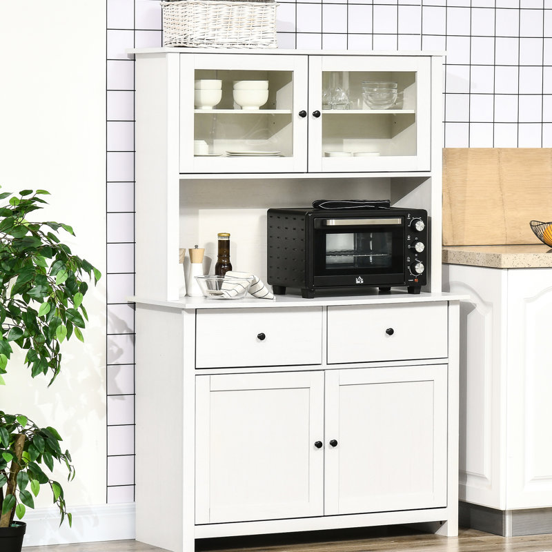 Buffet de cuisine 63,5 "avec huche, armoire de rangement pour garde-manger avec 4 tablettes, tiroirs, portes en verre encadrées, comptoir à micro-ondes ouvert