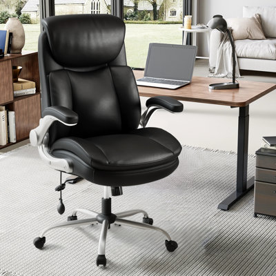 Upholstered Executive Office Chair, Adjustable High Back Heavy Duty Computer Chair with Flip Up Armrest, Faux Leather Desk Chair with Lumbar Support