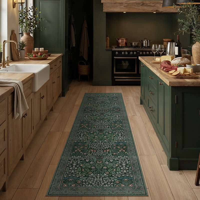 Tapis à motif floral rétro Ellis, Green, Runner 2'3" x 7'6"