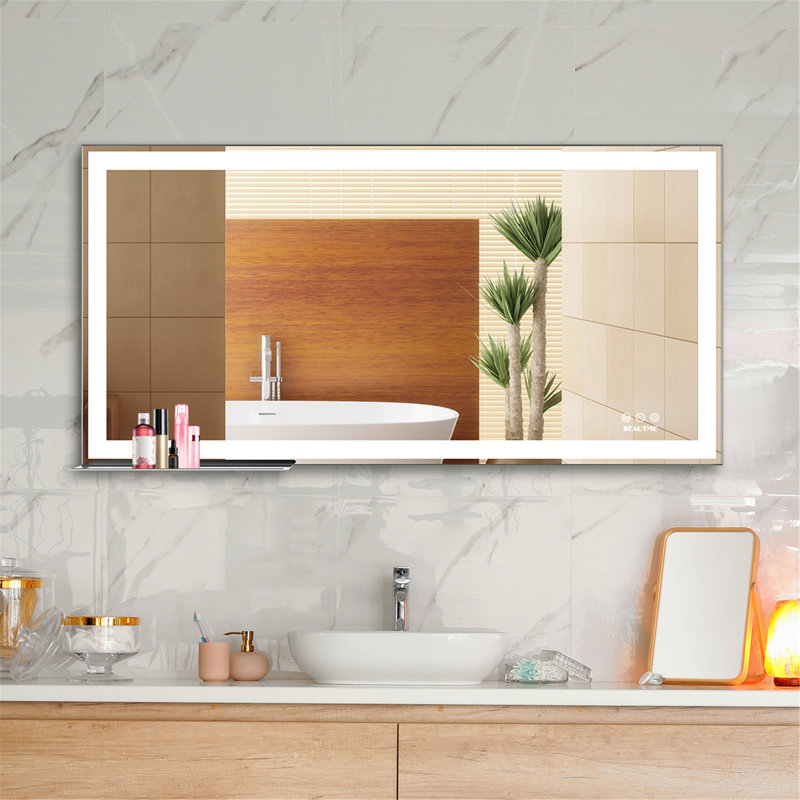 Metal Flat Wall Mirror with Shelves, Silver, 24" x 48"