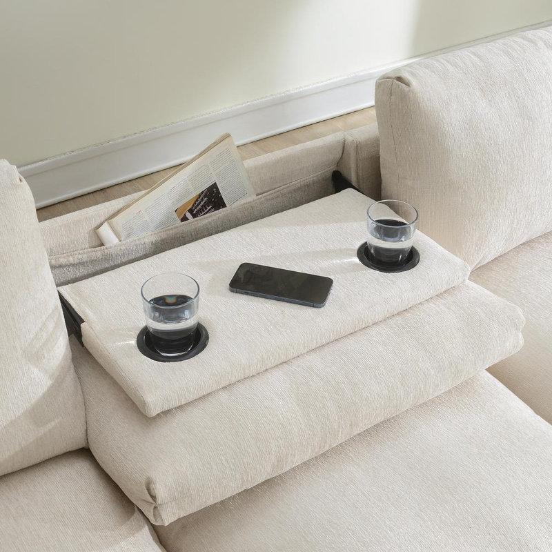 Sectional Sofa with Bluetooth Speaker, Comfy Cloud Couch Set with Drop Down Table, Cup Holders, USB Charger, Beige Chenille