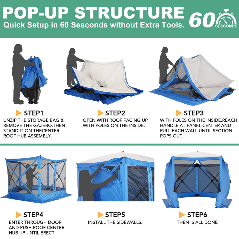 10x10ft Camping Gazebo Screen Tent, 5 Sided Pop-up Canopy Shelter with Mesh Windows, Blue