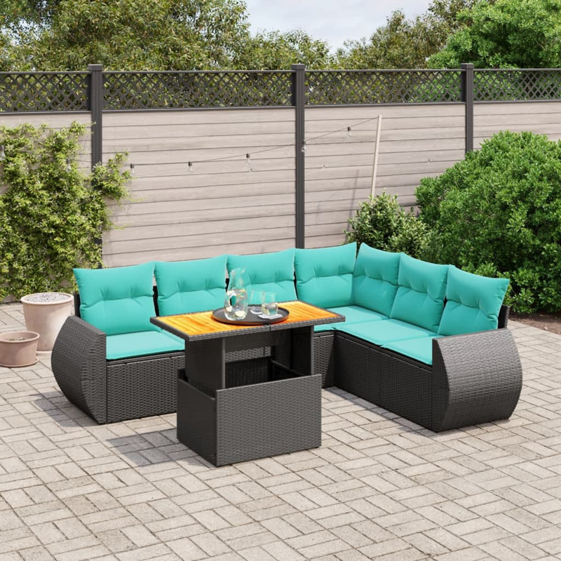  Ensemble de canapé de patio 7 pièces avec coussins en rotin de polyester, Noir, noir, noir, noir, Vert
