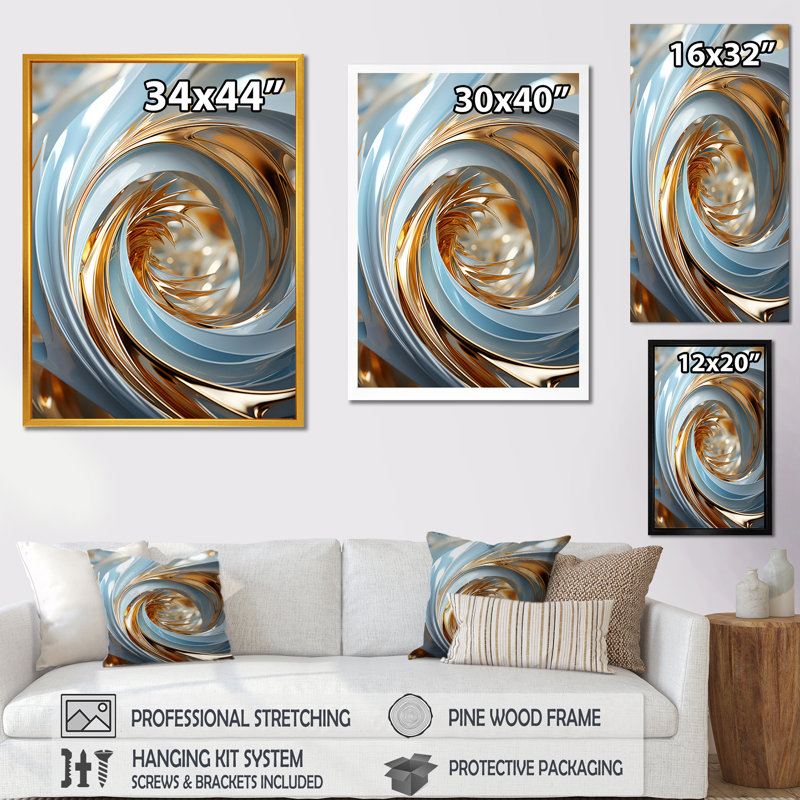 Spirale abstraite blanche et dorée - spirales abstraites, Cadre doré simple, H 32 po x l 24 po x P 1 po