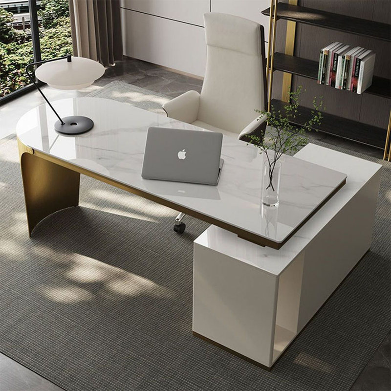 Beige-white + L-Shaped Sintered Stone + Manufactured Wood + Stainless Steel with 3 drawers Desk, Gold/Beige/White