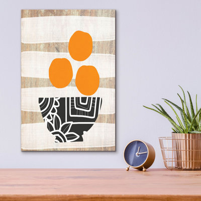 «Bol d'oranges sur bois» par Linda Woods, art mural en verre acrylique, 24 po x 36 po