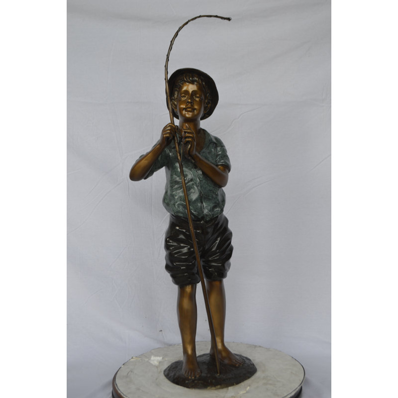 Boy with fishing rod  bronze statue -  Size: 11"L x 14"W x 44"H. 